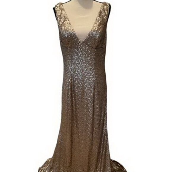 Mac Duggal Rose Gold Sequin Sheer Back Column Gown - Picture 1 of 5